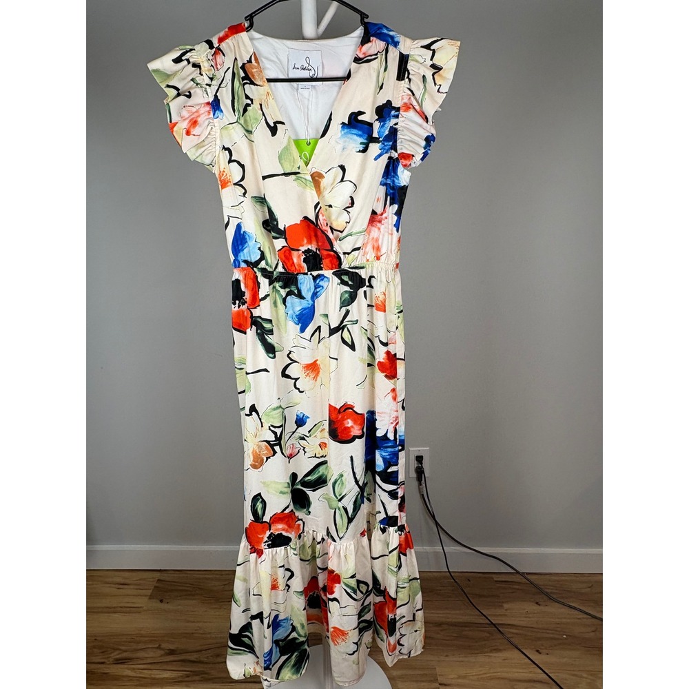 Sam Edelman Picasso Floral Maxi Dress Ivory Ruffle V-Neck 10S150 Size 2 NWT